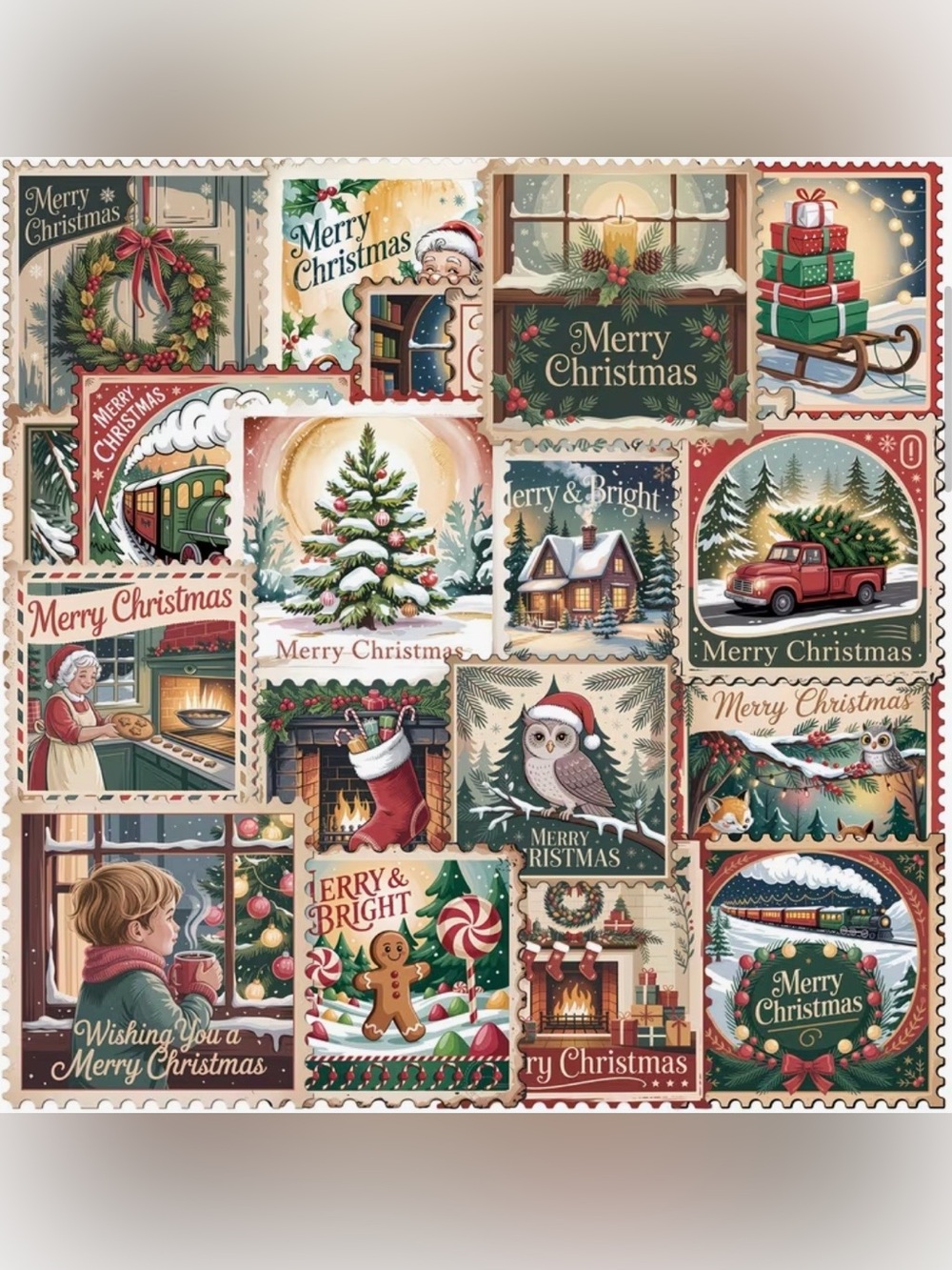 50 Vintage Merry Christmas Square Stickers Stamp Style Old Fashioned Images